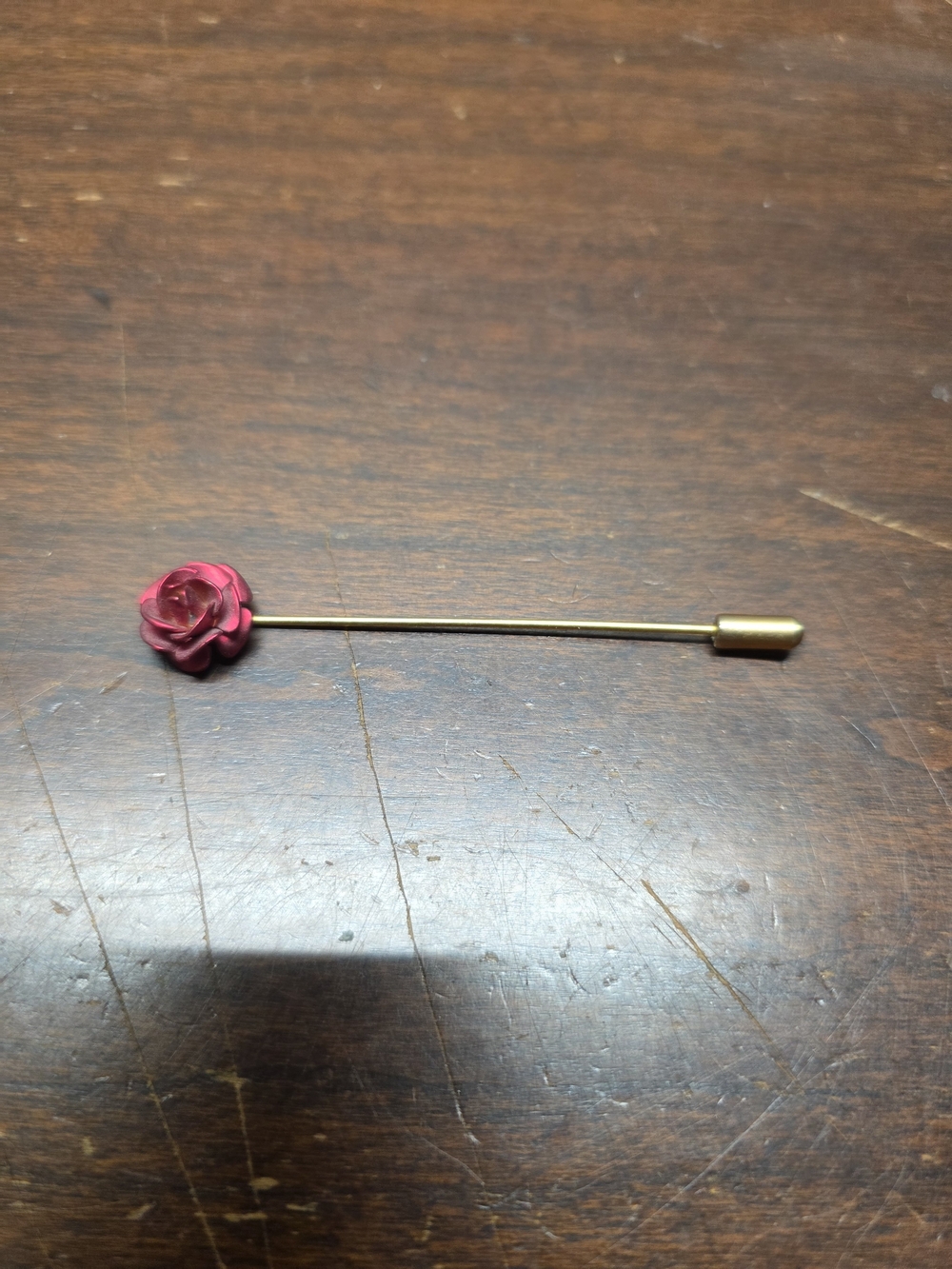 Gold-Tone Stick Brooch with Dark Pink Rose